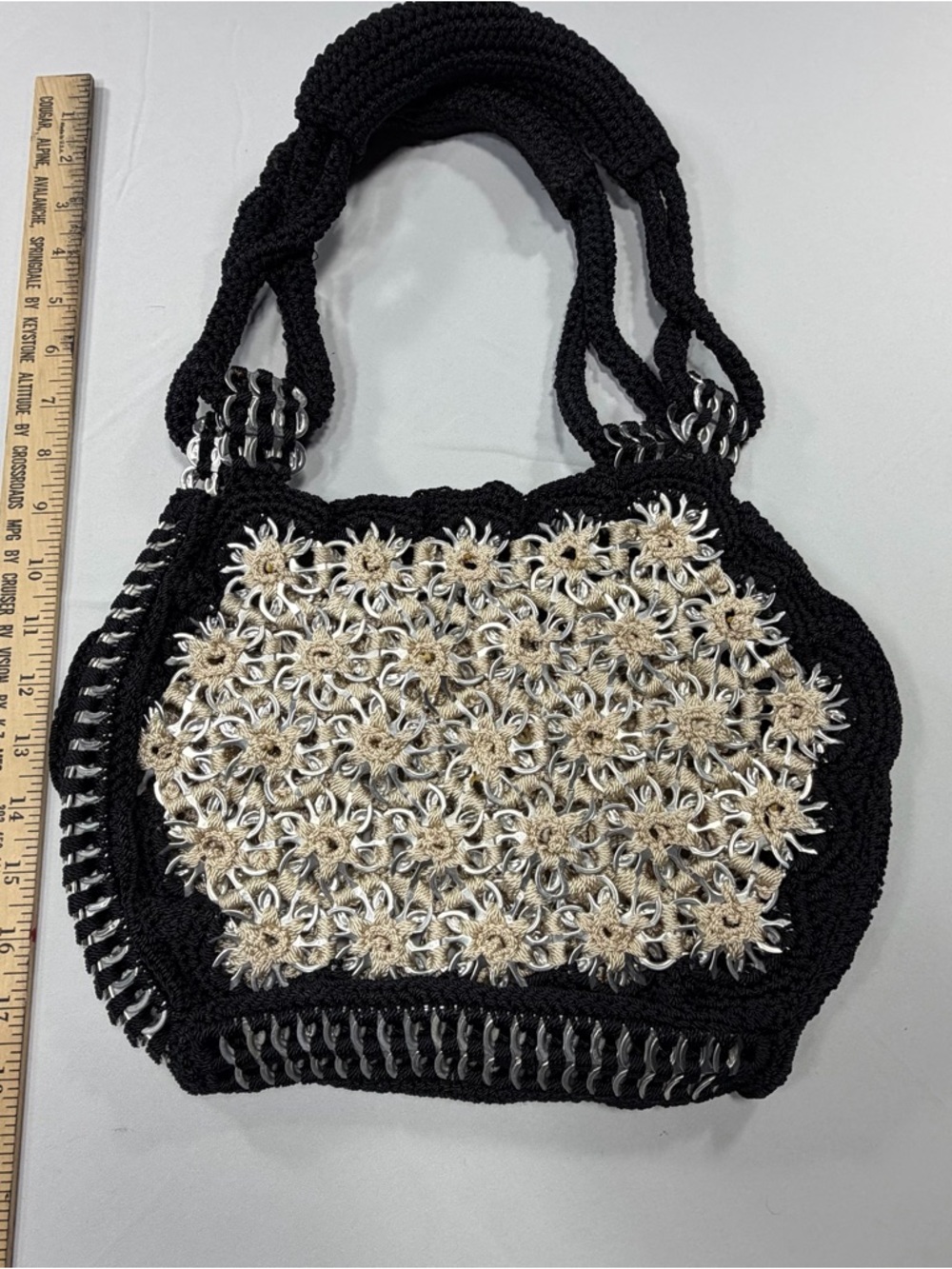 Upcycled Pop Soda Tab Crochet Shoulder Bag Black Cream Handmade Boho Festival - Picture 4 of 10